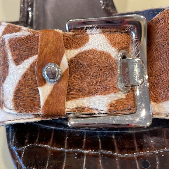 Yellow Box Cowhide Giraffe Wedge Sandals Size 6 - Picture 7 of 10